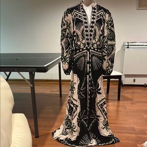 FARM Rio Black and White Resort Dress with Bishop Sleeves